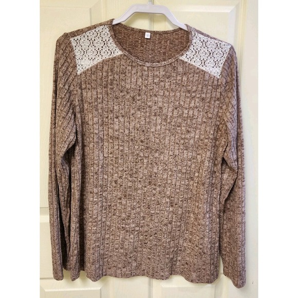 The Unbranded Brand Tops - Women Brown Knitted Top With Lace Floral Design‎ Size Large